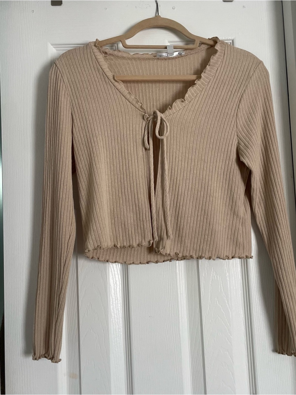 Cottagecore Ribbed Tie-Front Crop Long Sleeve Cardigan Sweater- Beige